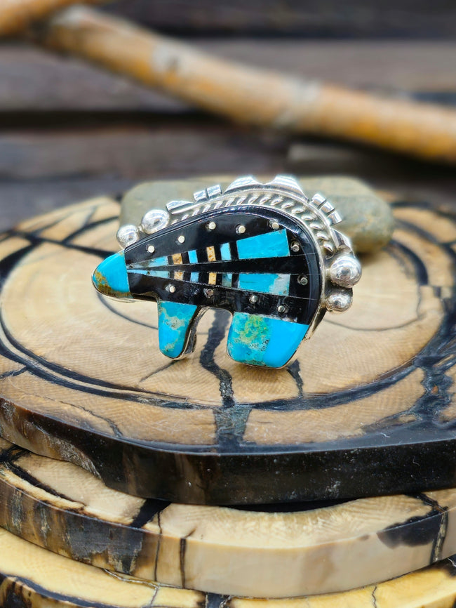 Turquoise and Jet Sterling Silver Bear Inlay Ring by Ray Jack - Size 11