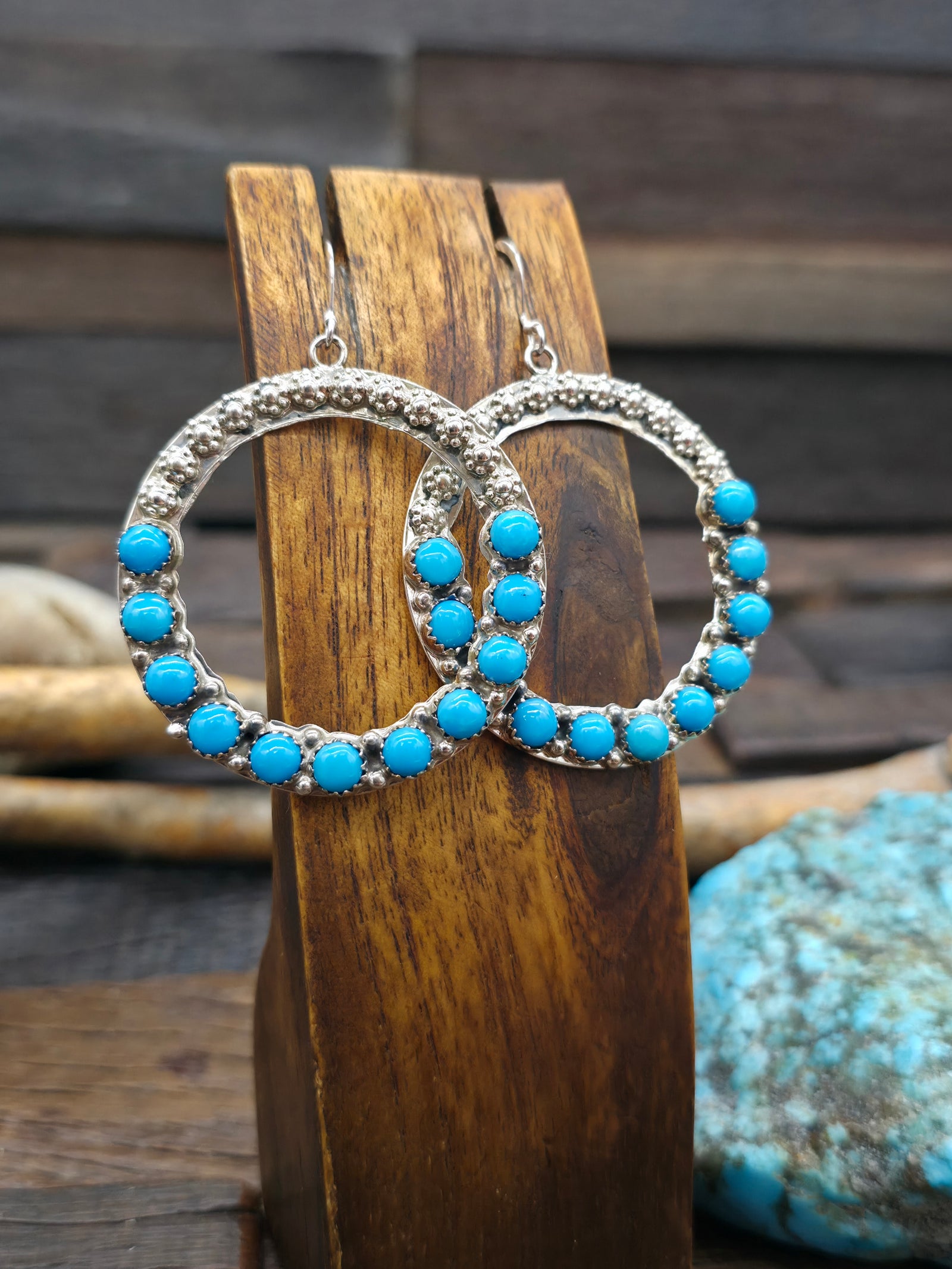 Sterling Silver and Turquoise Hanging Hoop Earrings by Nora Whitegoat