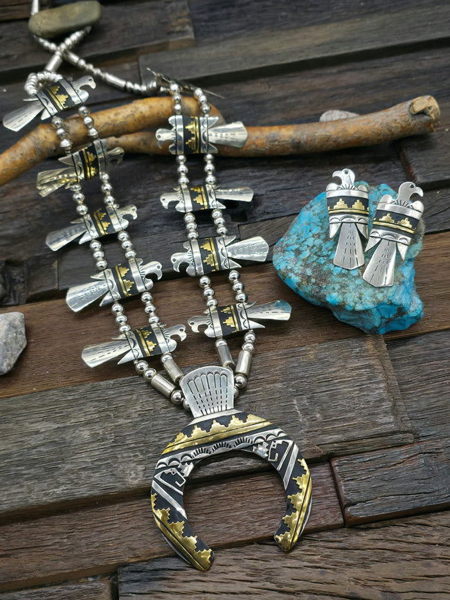 Sterling Silver and Brass Overlay Thunderbird Squash Blossom Necklace and Earring Set by Rose Singer - 28 in.