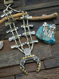 Sterling Silver and Brass Overlay Thunderbird Squash Blossom Necklace and Earring Set by Rose Singer - 28 in.