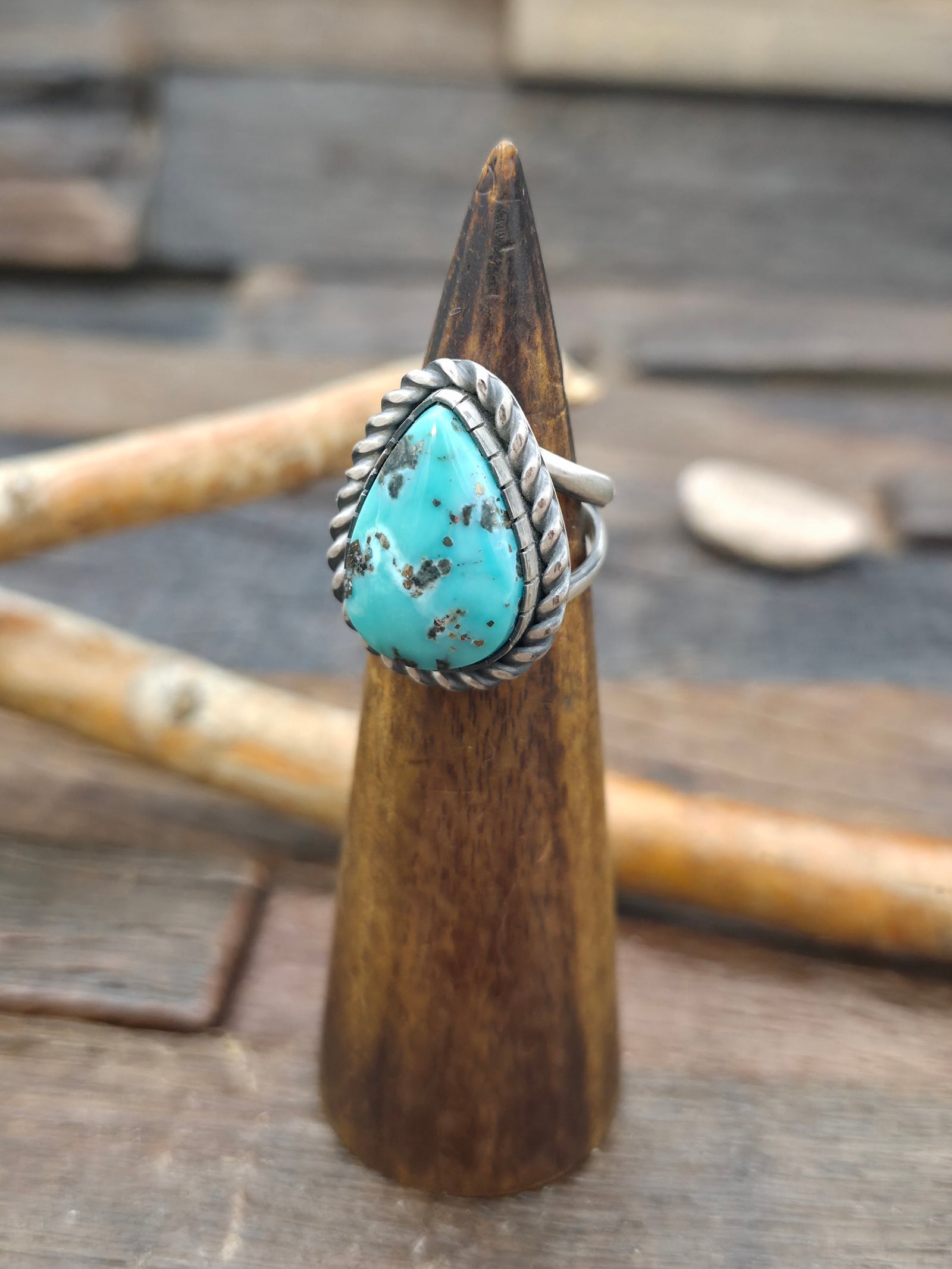 Sterling Silver Rope Detail Turquoise Ring by Walter Vandever - Size 9
