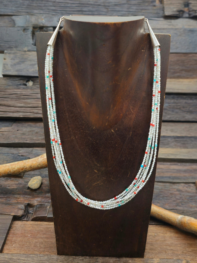 Seven Strand Necklace with Turquoise, Coral, and Mother of Pearl - 17 in. w/3 in. extender