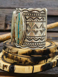 Wide Stamped Sterling Silver and Blue Gem Ribbon Turquoise Cuff by Delbert Delgarito