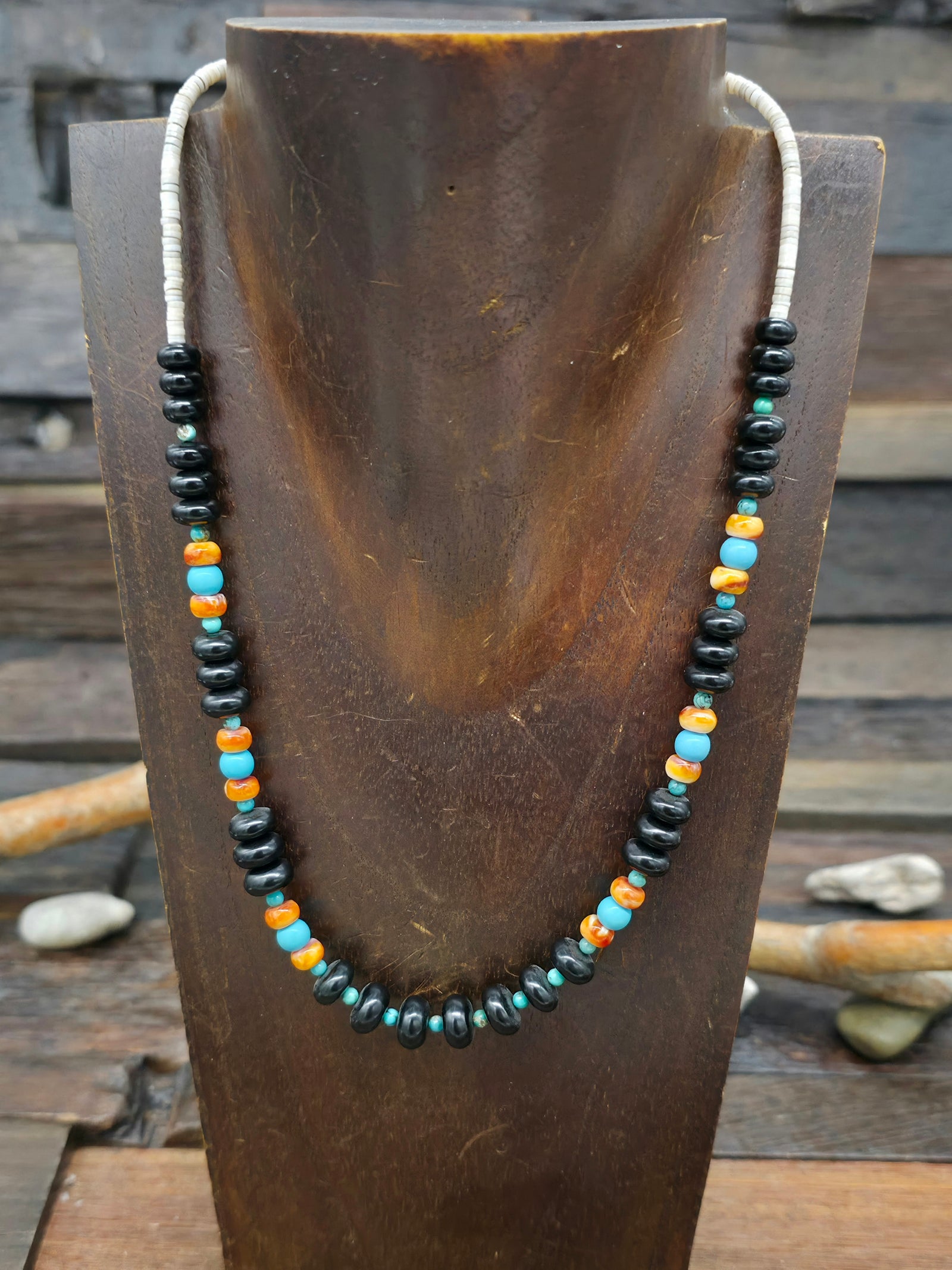 Turquoise, Jet, and Spiny Oyster Necklace - 19 in.