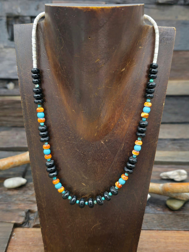 Turquoise, Jet, and Spiny Oyster Necklace - 19 in.
