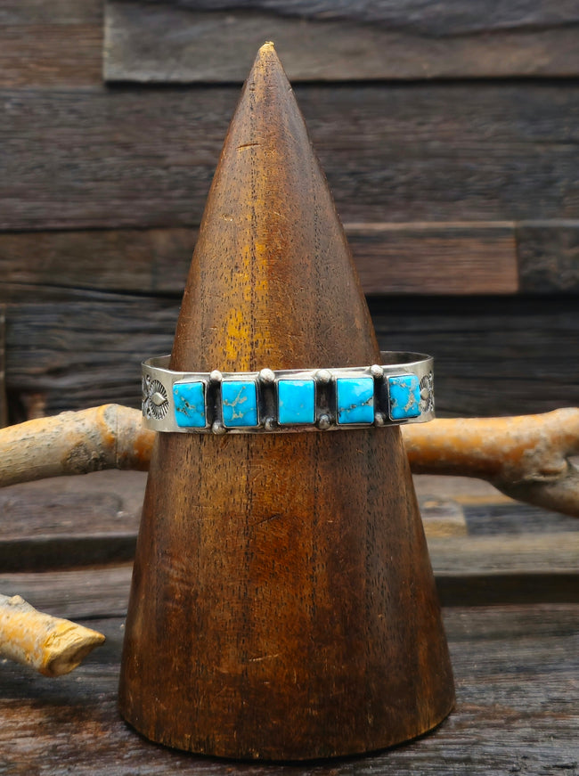 Five-Stone Bluebird Turquoise Sterling Silver Cuff by LaRose Ganadanegro - 6 1/2in.