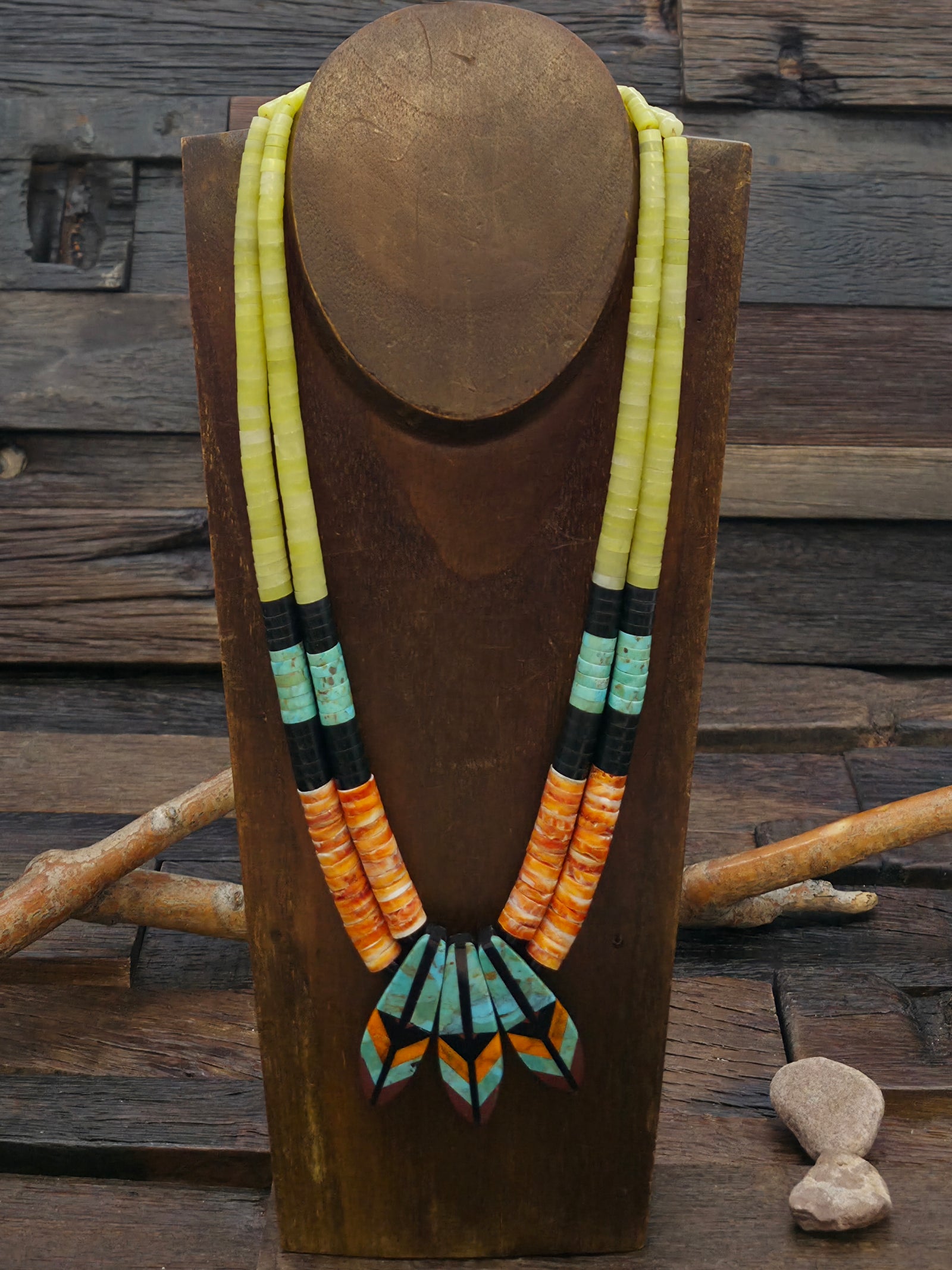 Two Strand Serpentine, Jet, Turquoise, and Spiny Necklace with Mosaic Inlay Feathers by Rudy Coriz - 21 in