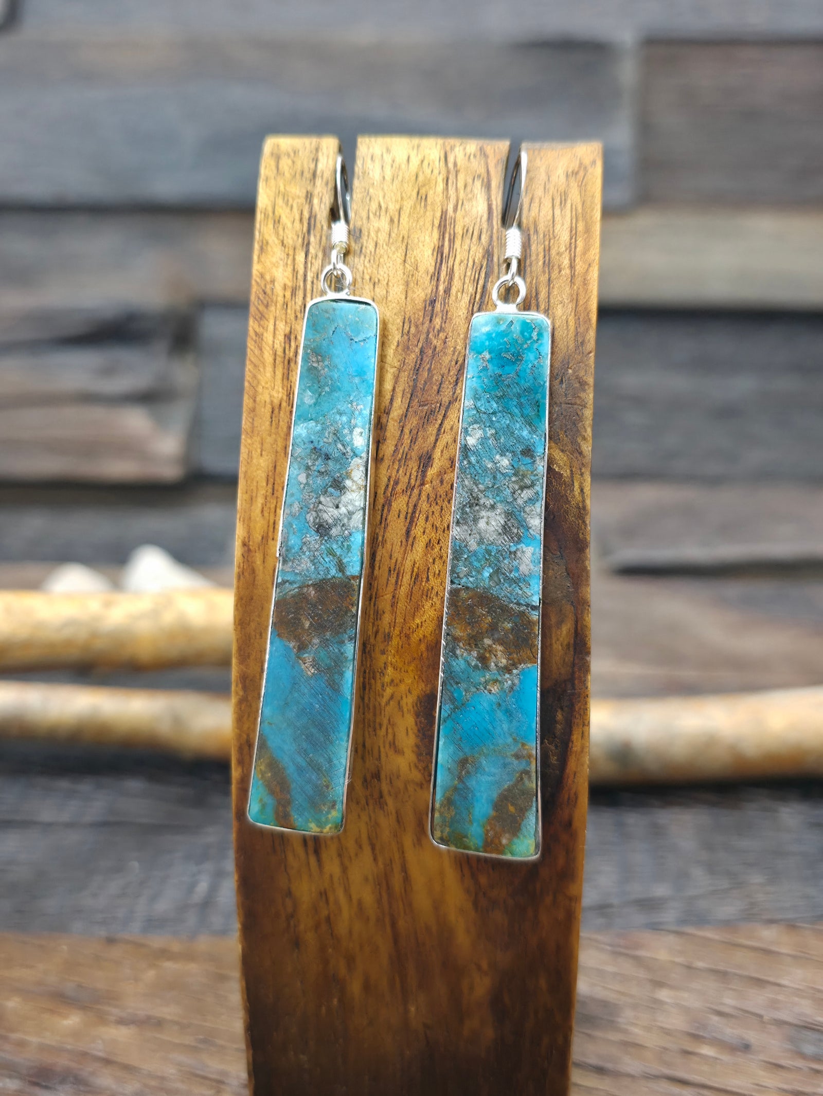 Long Dark Blue Turquoise Slab Earrings with Sterling Silver by Veronica Tortalita - 3 1/4 in. by 1/2 in.