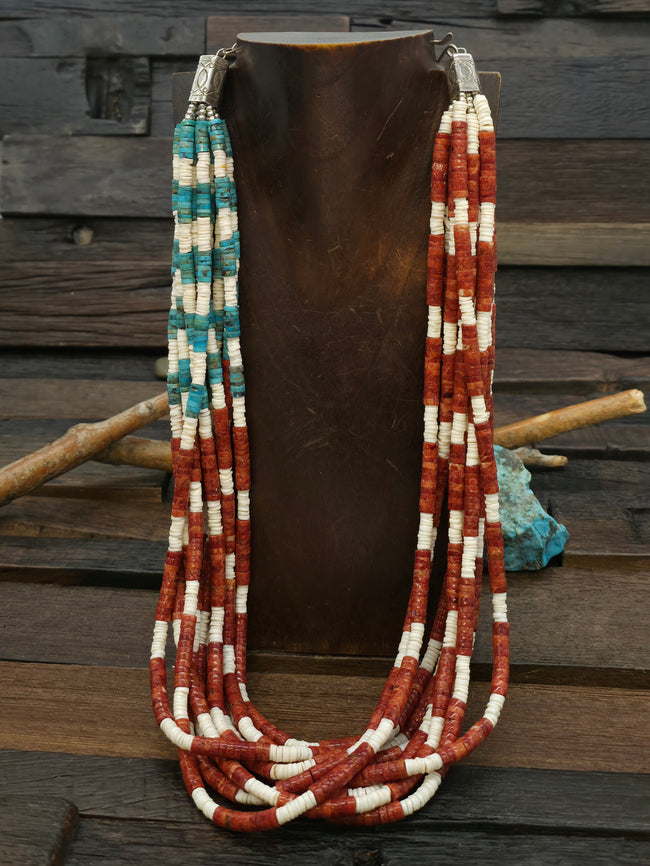 Ten Strand Clam Shell, Apple Coral, and Turquoise Bandera Necklace by Fred Archuleta - 26 in. plus 6 in. Extender
