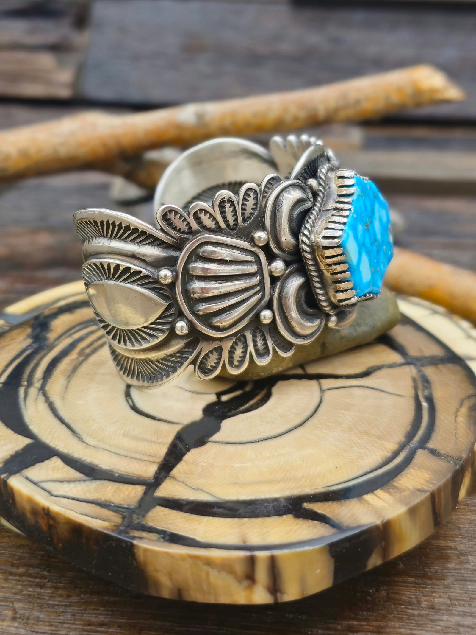 Stamped Sterling Silver and Turquoise Cuff -   6 1/4 in.