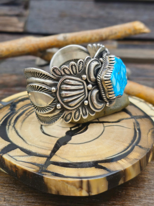 Stamped Sterling Silver and Turquoise Cuff -   6 1/4 in.
