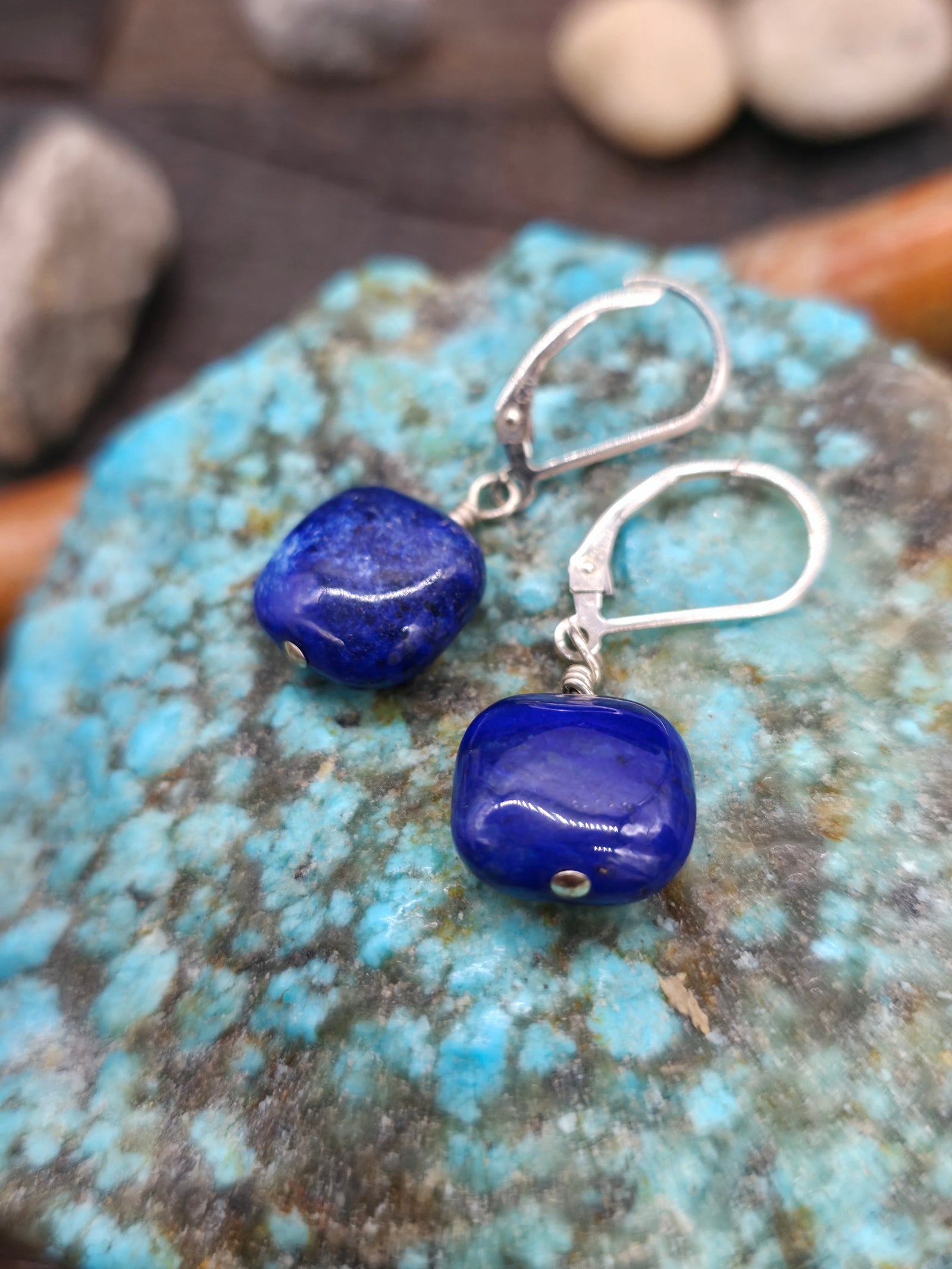 Square Bead Lapis Lazuli Earrings with Lever Back Closure