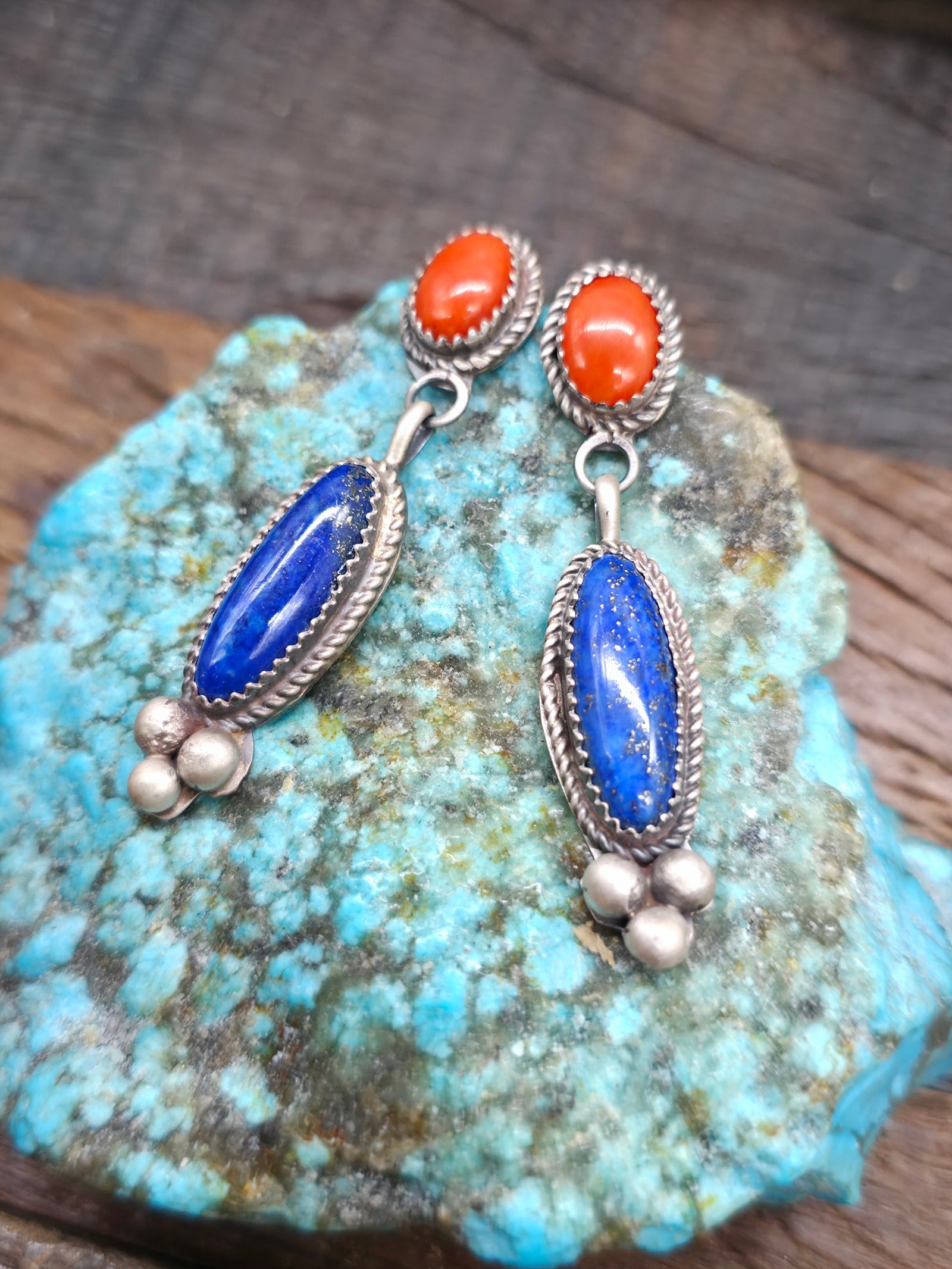 Sterling Silver Coral and Lapis Lazuli Earrings by LaRose Ganadanegro - 2 in. by 1/2 in.