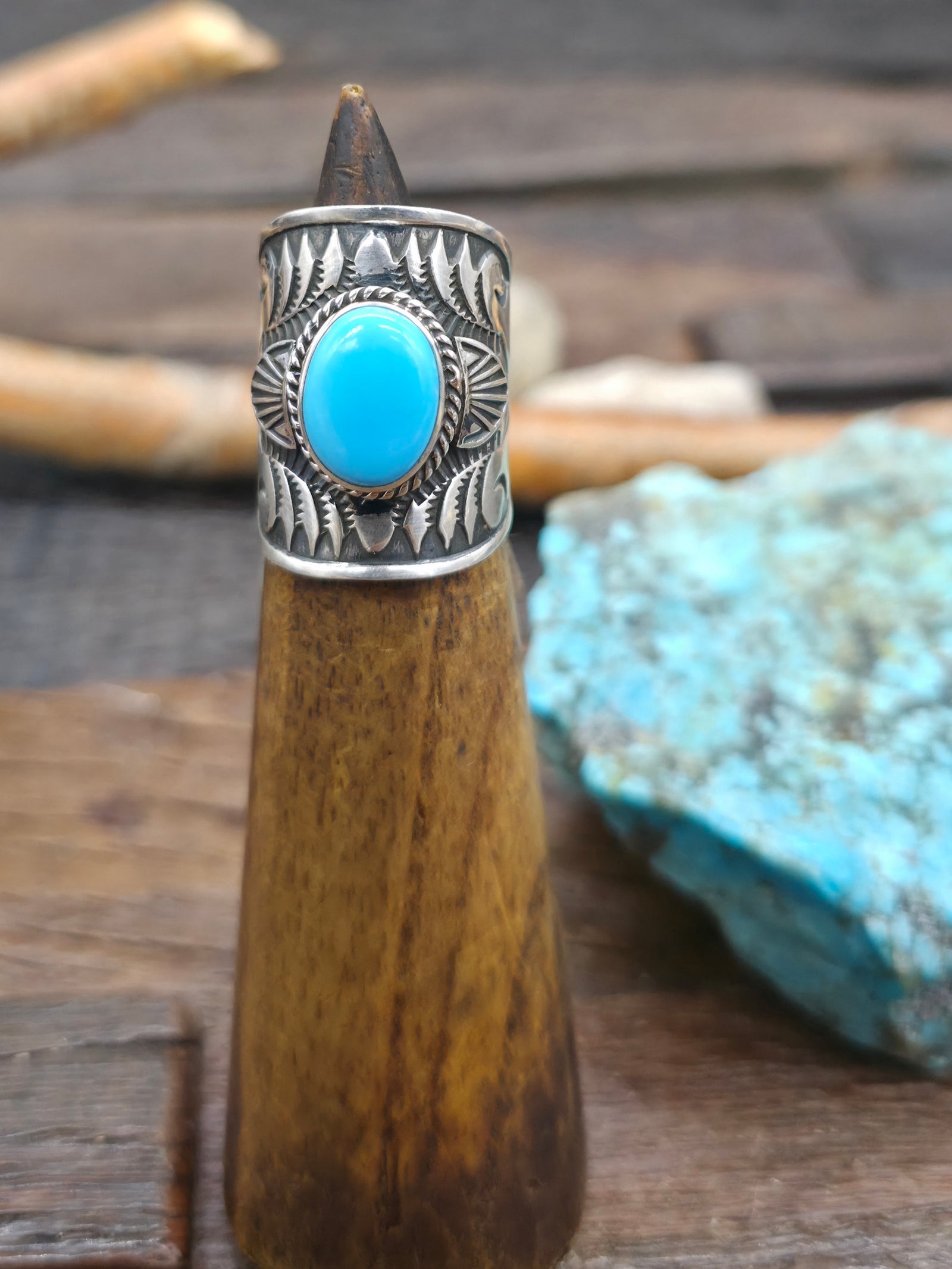 Stamped Sterling Silver Turquoise Ring by Derrick Gordon - Size 7
