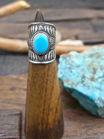 Repousse Stamped Sterling Silver Turquoise Ring by T. Jim - Size 9
