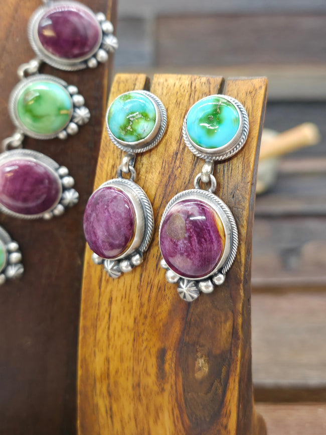 Sterling Silver Sonoran Turquoise and Purple Spiny Necklace and Earring Set by Darrin Livingston - 18 in.