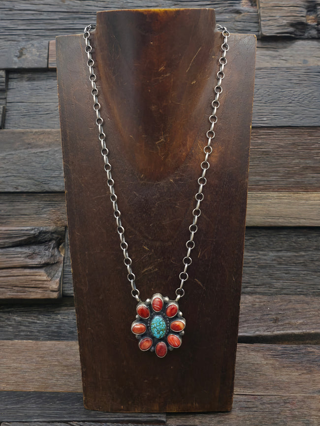 Sterling Silver Spiny Oyster and Turquoise Pendant Necklace - 18 in.