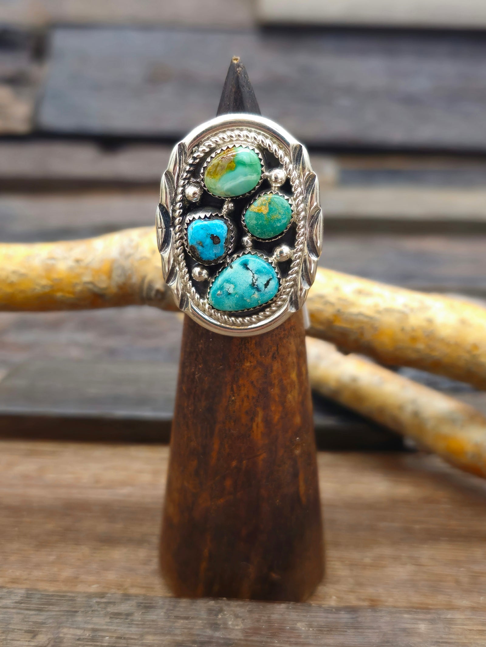 Sterling Silver Turquoise Cluster Ring by Julia Etsitty - Size 5 1/2