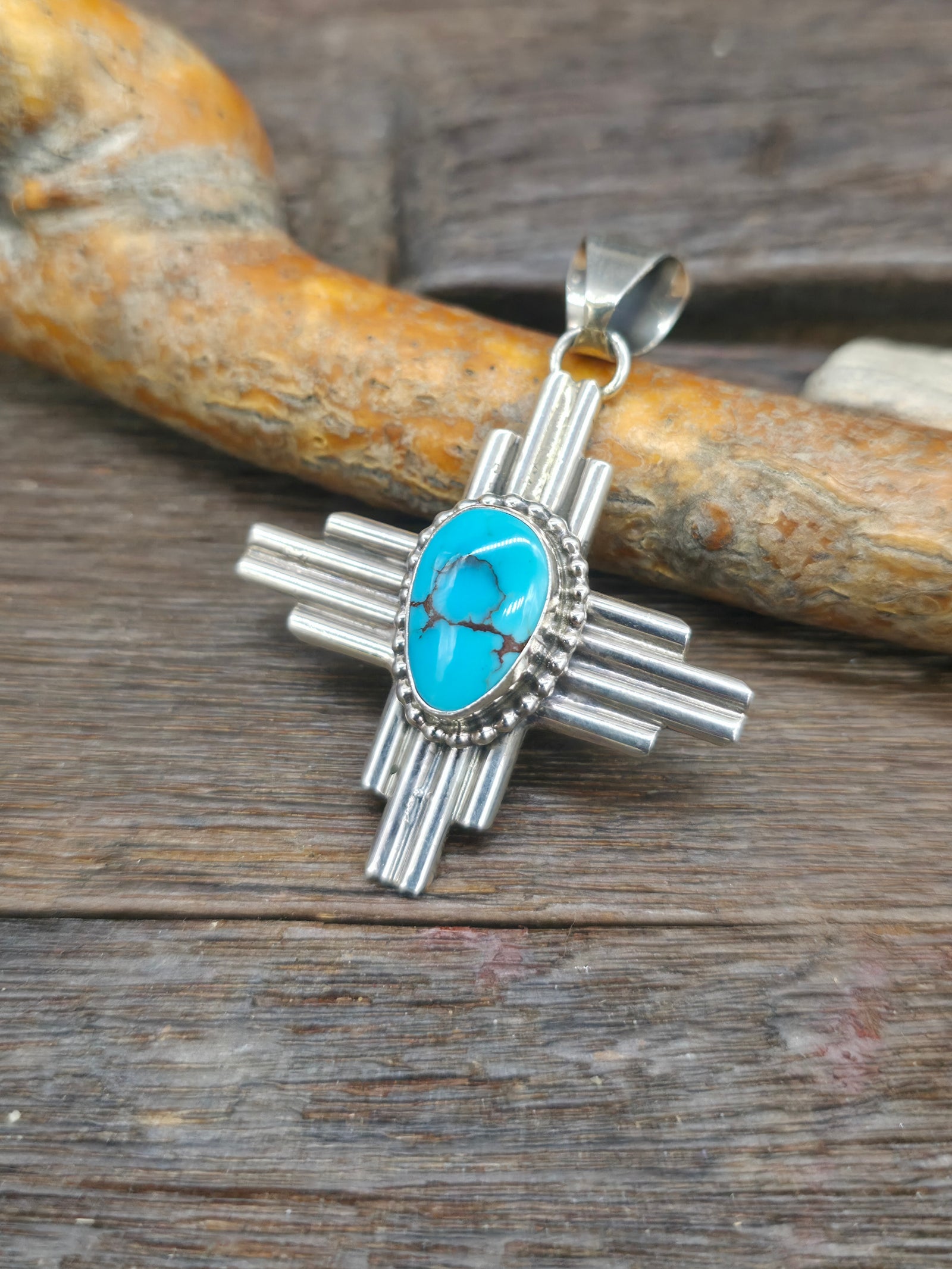 Turquoise and Sterling Silver Zia Symbol Pendant by Priscilla Apache - 2 in. by 1 1/2 in.