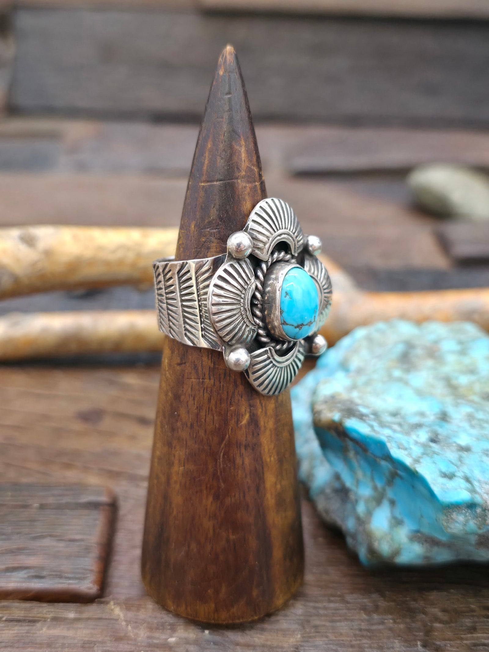 Stamped Sterling Silver Kingman Turquoise Ring by G. Hale - Size 12.5