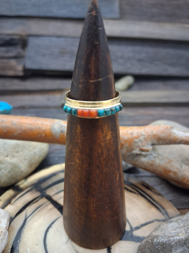 14 KT Gold Inlay Turquoise and Coral Ring Size 7 1/2 by O. Ashley