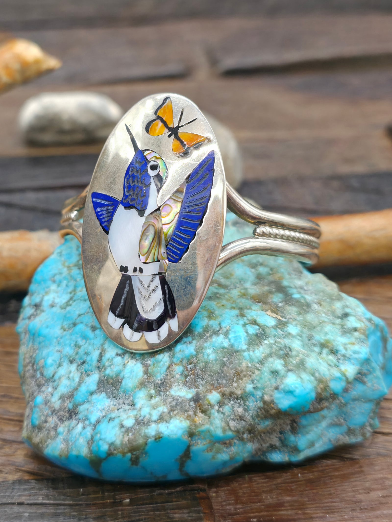 Sterling Silver Hummingbird and Butterfly Inlay Cuff Bracelet with Lapis, Abalone, Spiny, and Mother of Pearl by Quinton Quam - 6 1/4 in. with Gap