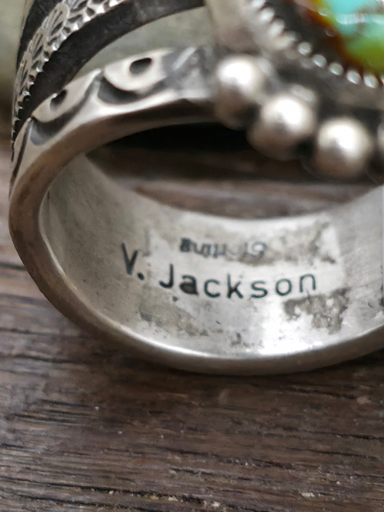Oxidized Stamped Sterling Silver Ring with Royston Turquoise by Vernon Jackson - Size 11 1/2