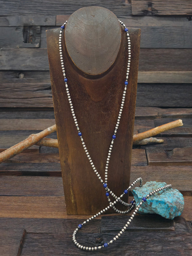 Long Oxidized Sterling Silver and Lapis Bead Necklace - 48 in.