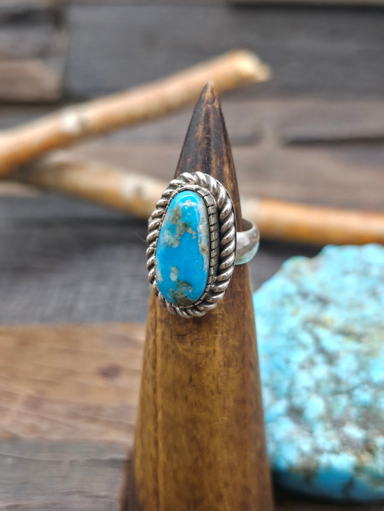 Sterling Silver Turquoise Ring with Rope Detail - Adjustable