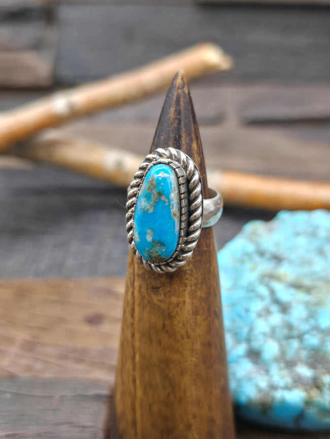 Sterling Silver Turquoise Ring with Rope Detail - Adjustable