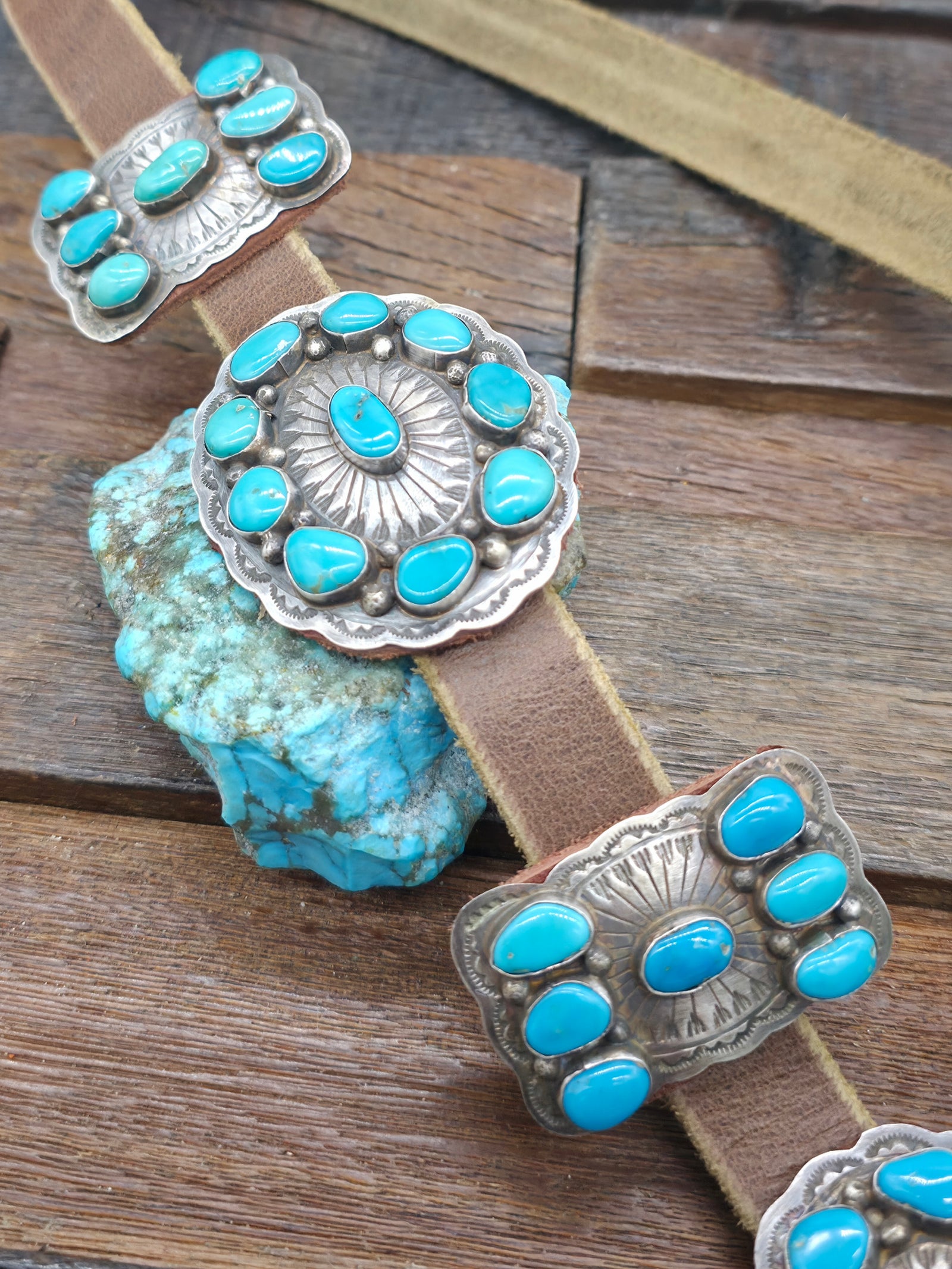 Stamped Sterling Silver and Turquoise Concho Belt by Dan Morgan - 52 in.