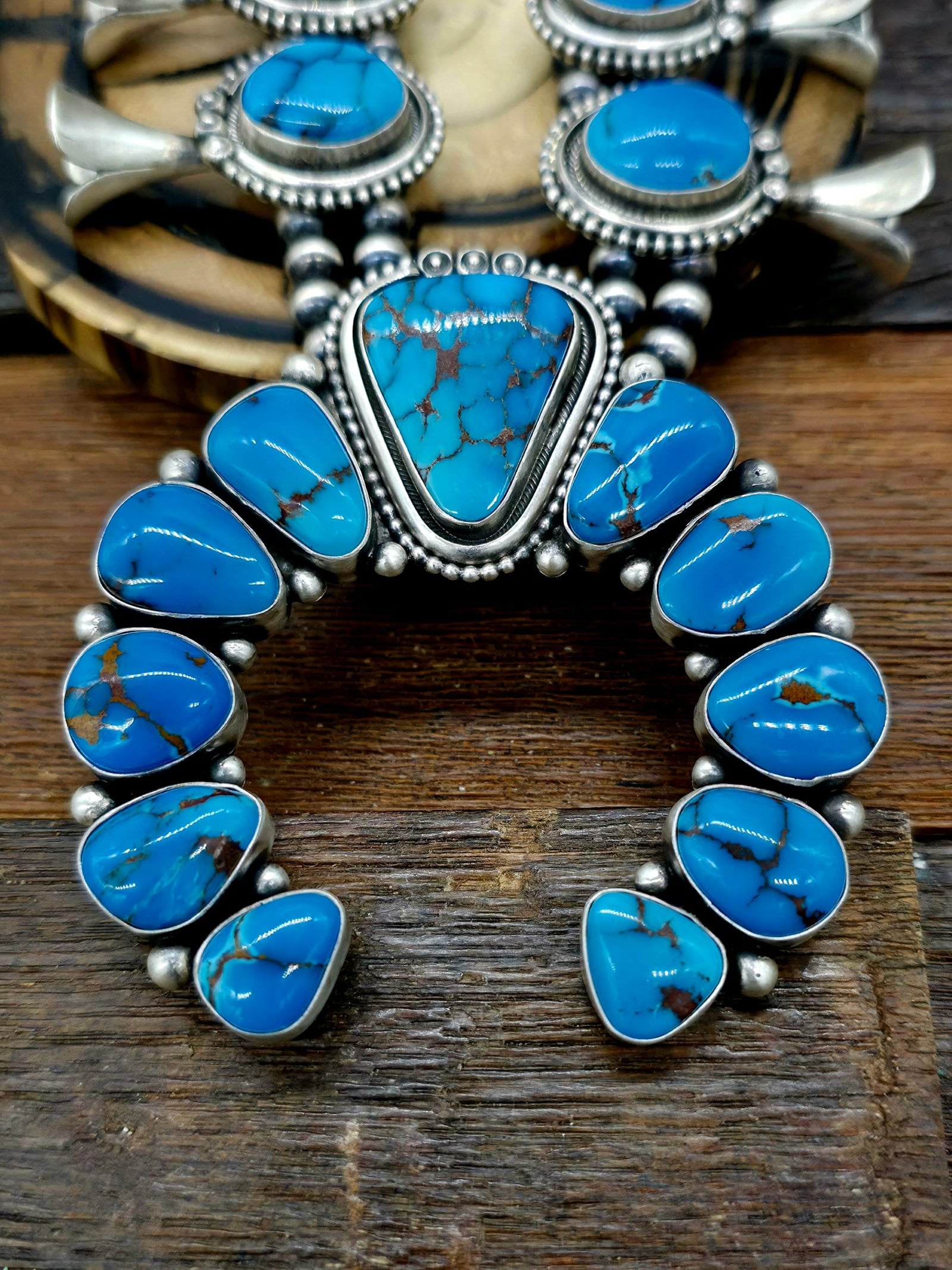 Sterling Silver Egyptian Turquoise Squash Blossom Necklace and Earring Set by Mark Yazzie - 22 in.