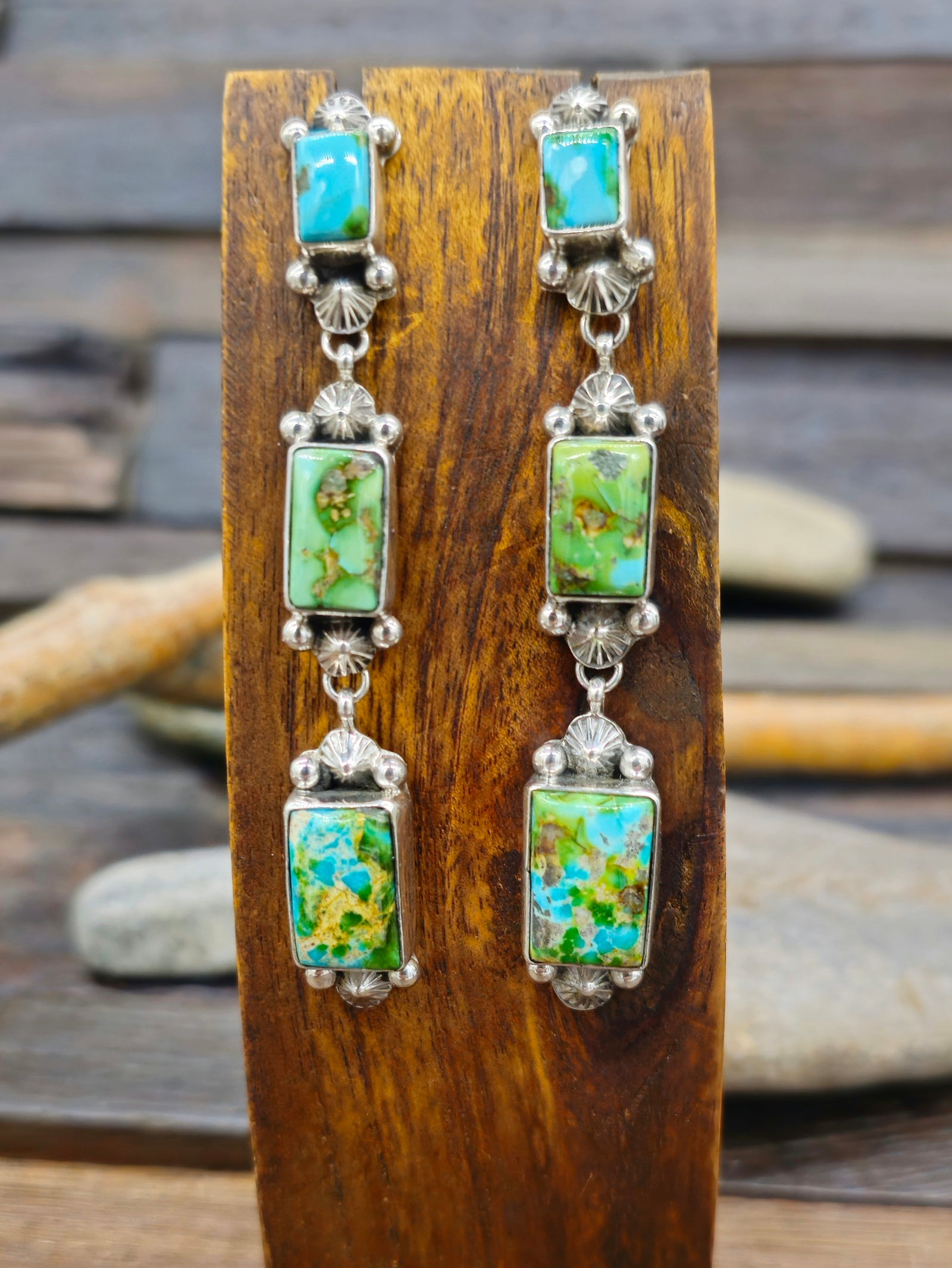 Three Stone Sonoran Turquoise Sterling Silver Post Earrings by Rosella Paxton