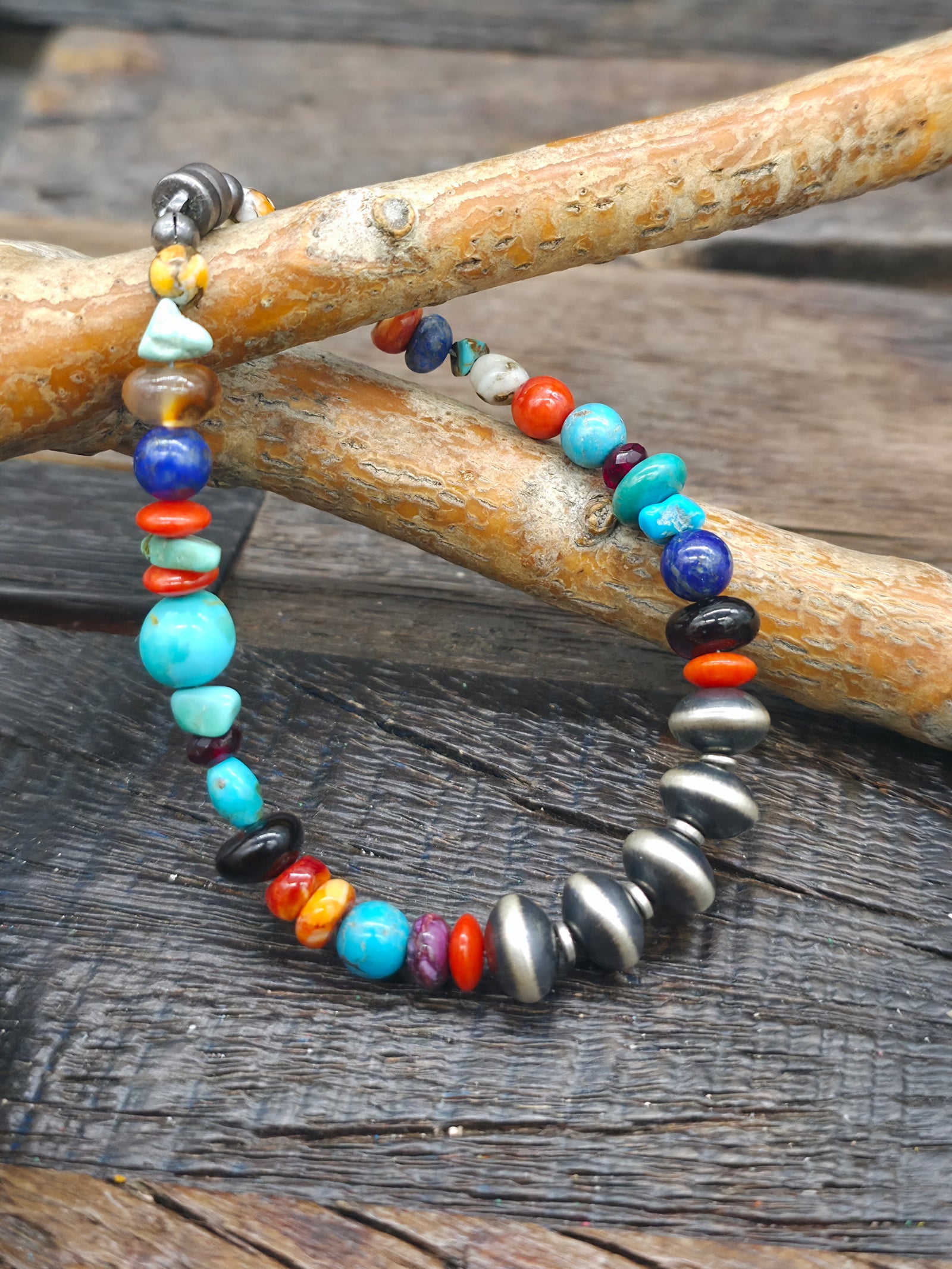 Sterling Silver, Turquoise, Lapis, Coral and Spiny Bead Bracelet with Magnetic Clasp - 8 in.