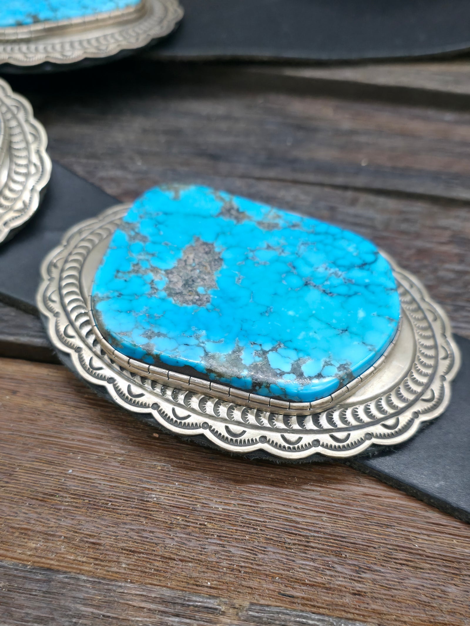 Stamped Sterling Silver Kingman Turquoise Concho Belt by Delbert Delgarito - 60 in.