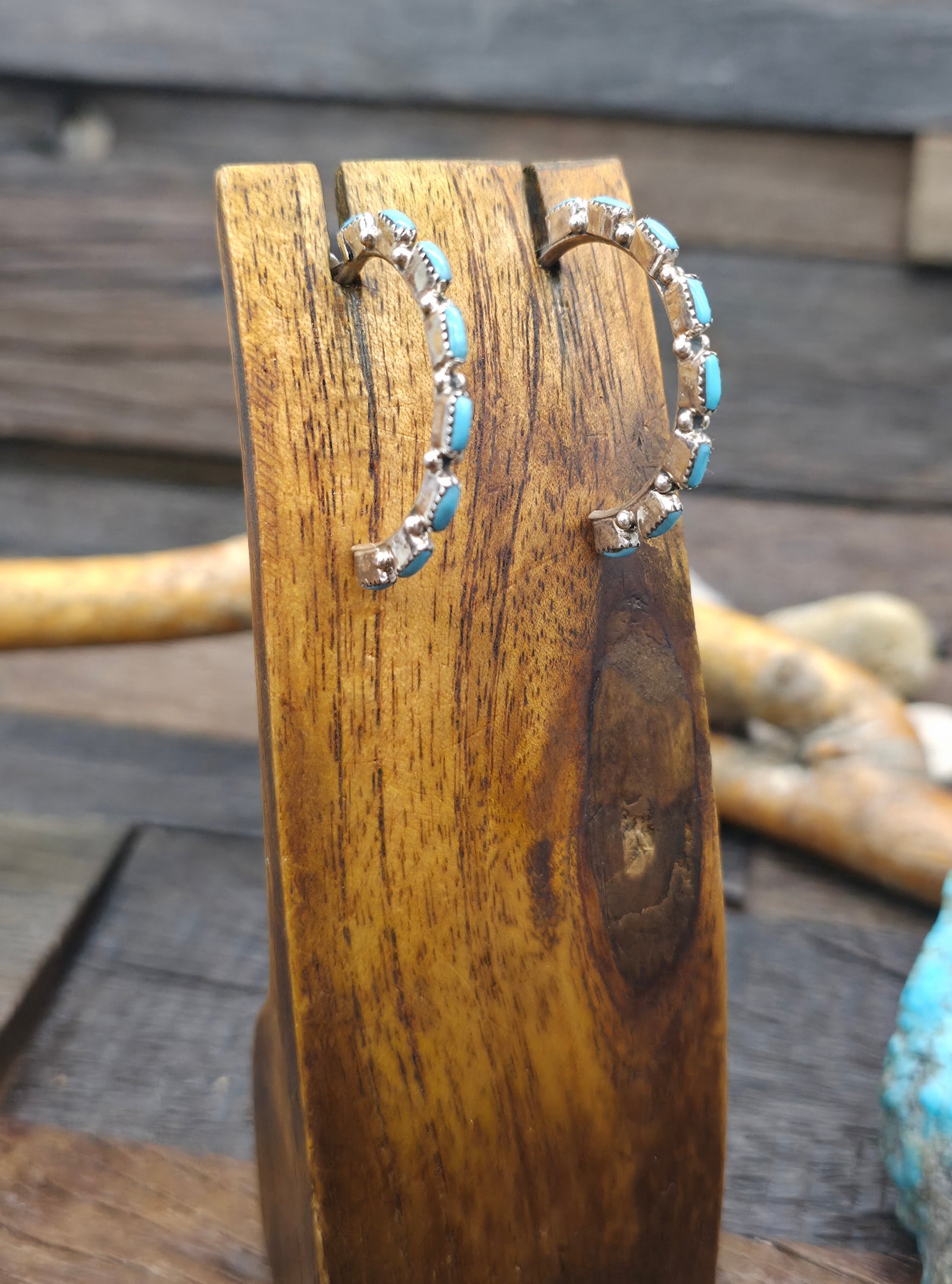 Sterling Silver Turquoise Needlepoint Hoop Earrings - 1 1/4 in. by 1/8 in.