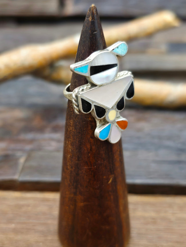 Vintage/Estate Sterling Silver Thunderbird Inlay Ring - Size 7