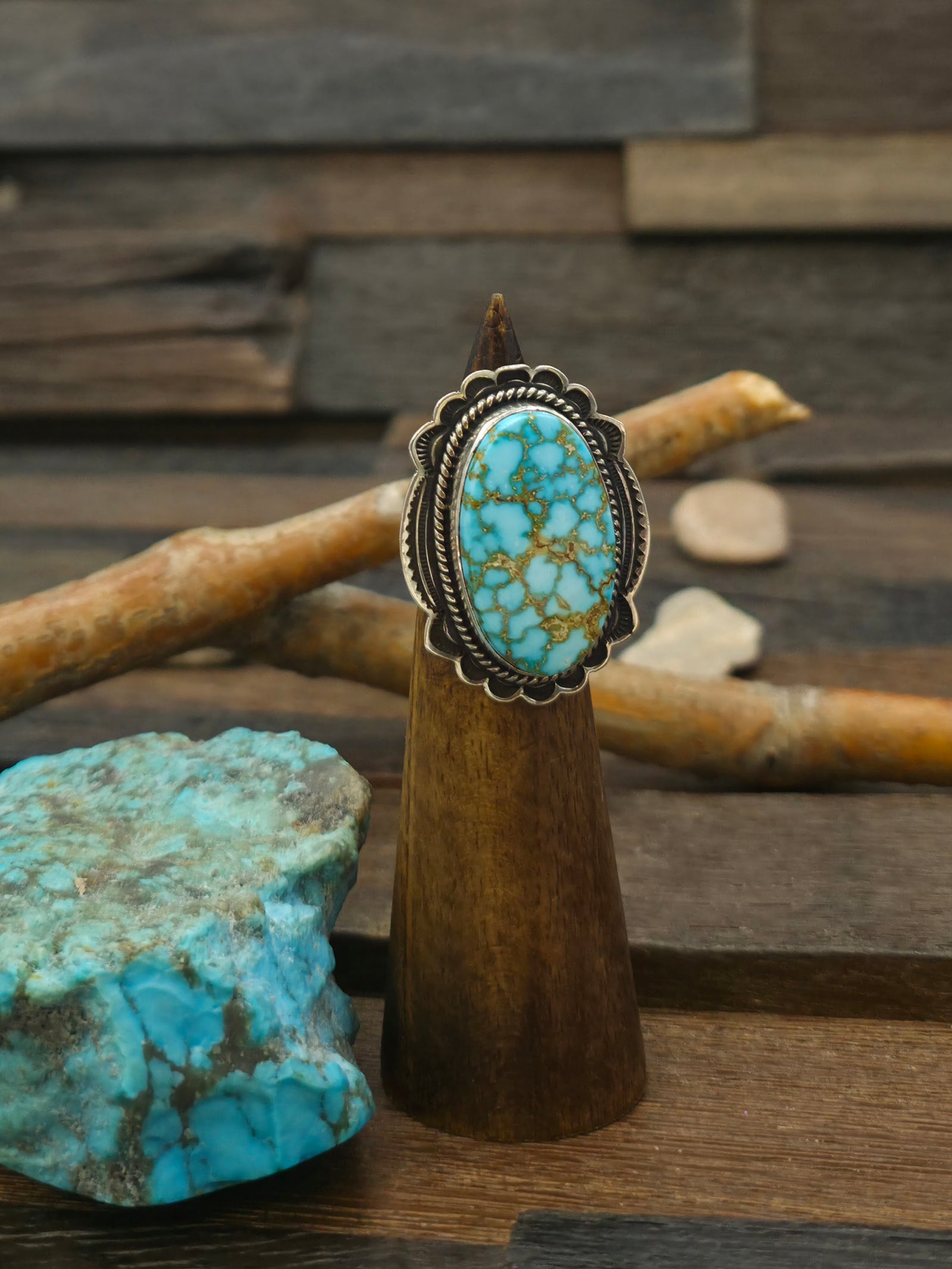 Stamped Sterling Silver Kingman Turquoise Ring by Happy Piasso - Adjustable