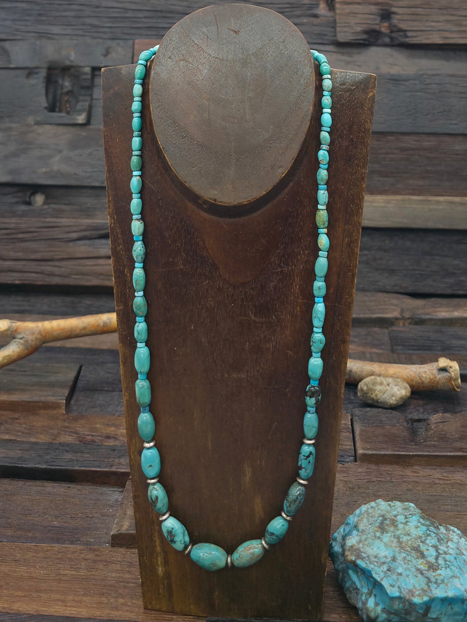 Sky Horse Turquoise and Sterling Silver Bead Necklace by Fred Archuleta -  26 in.