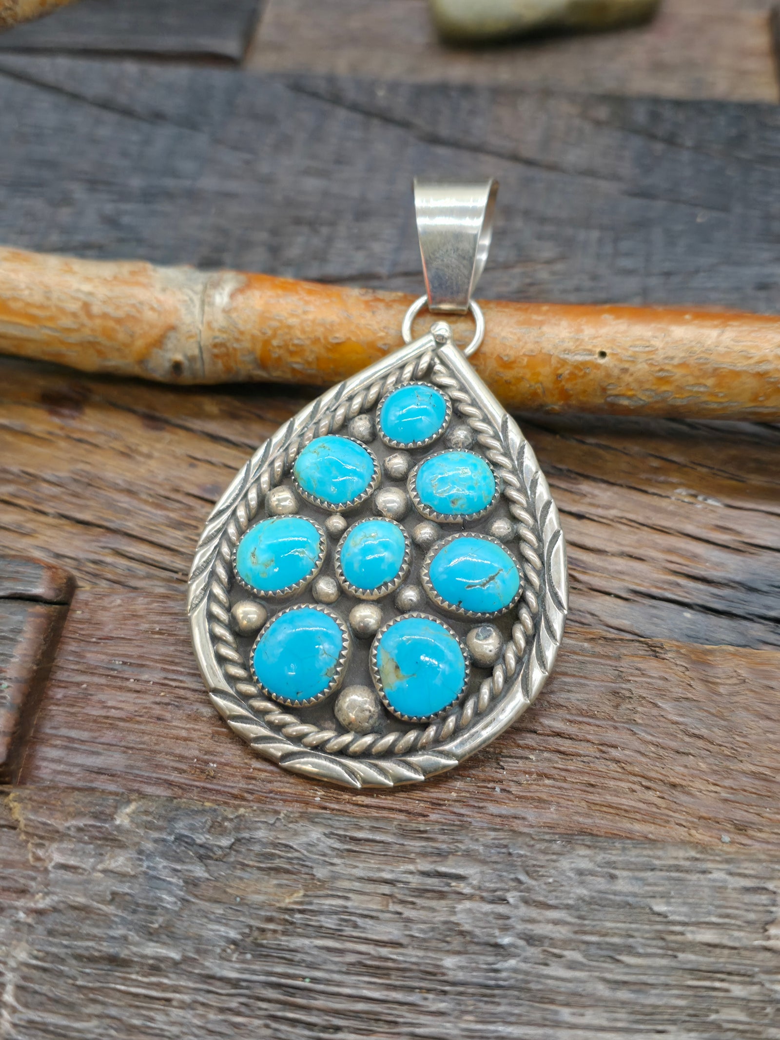 Sterling Silver Turquoise Pendant by Chester Charley - 3 in. by 2 in.