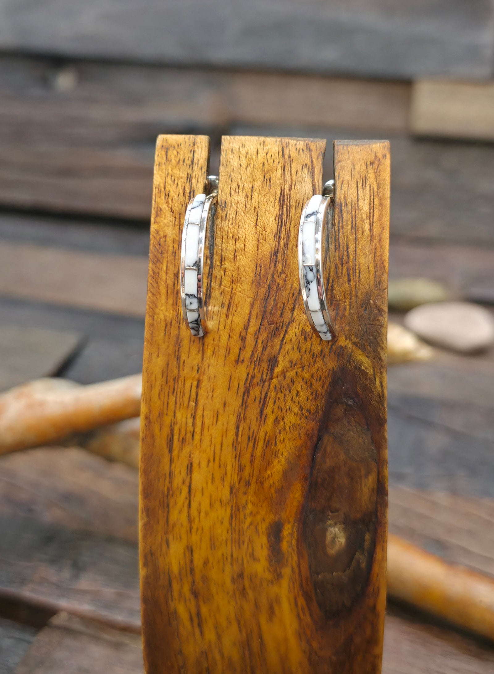 Sterling Silver White Buffalo Inlay Half Hoop Earrings by Cynthia Johnson - 1 in. by 1/8 in.