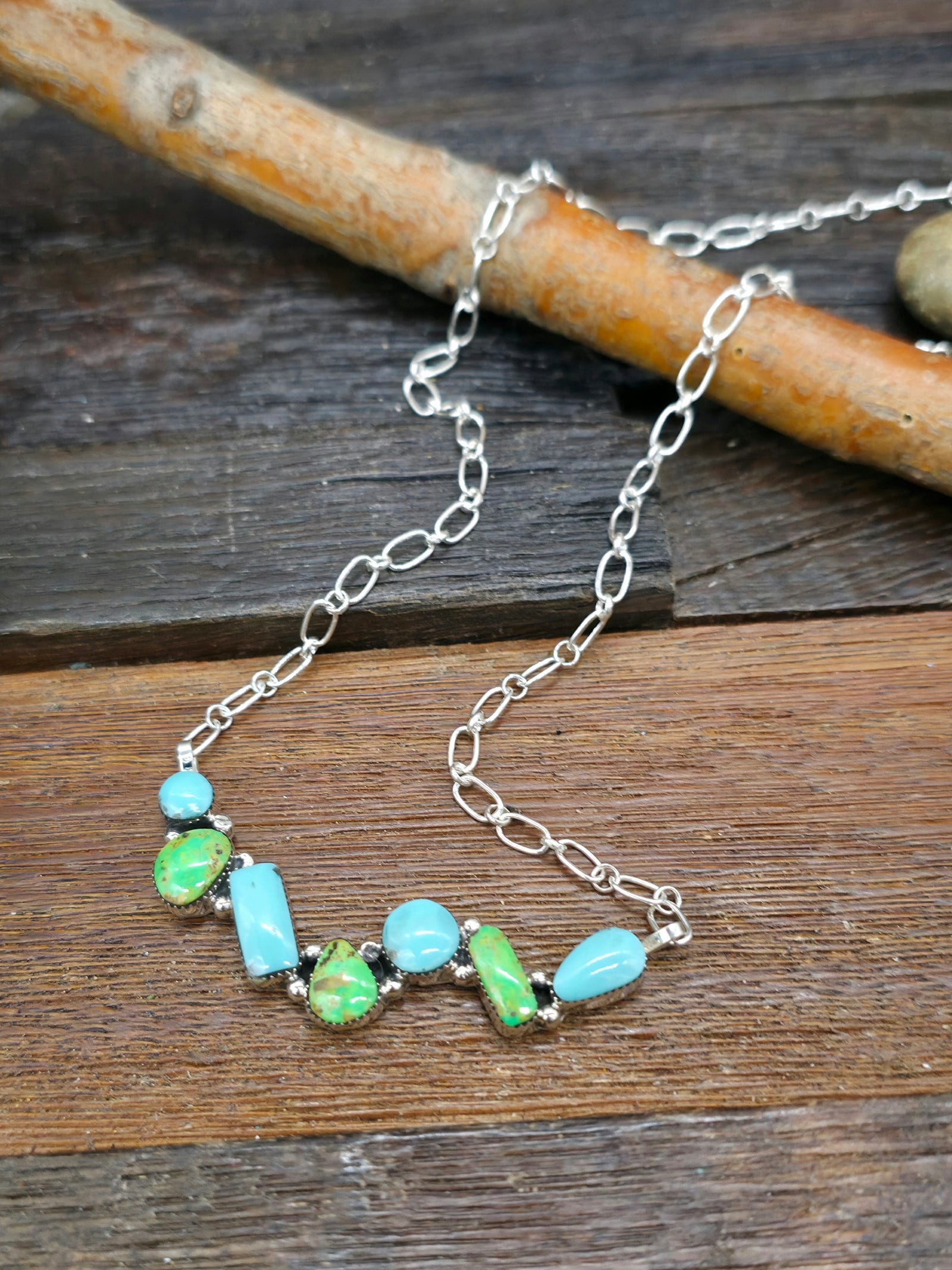 Blue and Green Turquoise Sterling Silver Bar Necklace by David Lopez - 18 in.