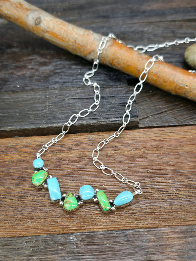Blue and Green Turquoise Sterling Silver Bar Necklace by David Lopez - 18 in.