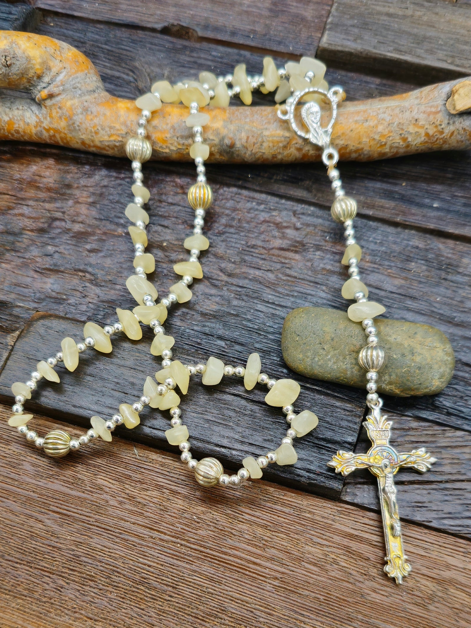 Yellow Mother of Pearl and Sterling Silver Rosary by Eileen Coriz