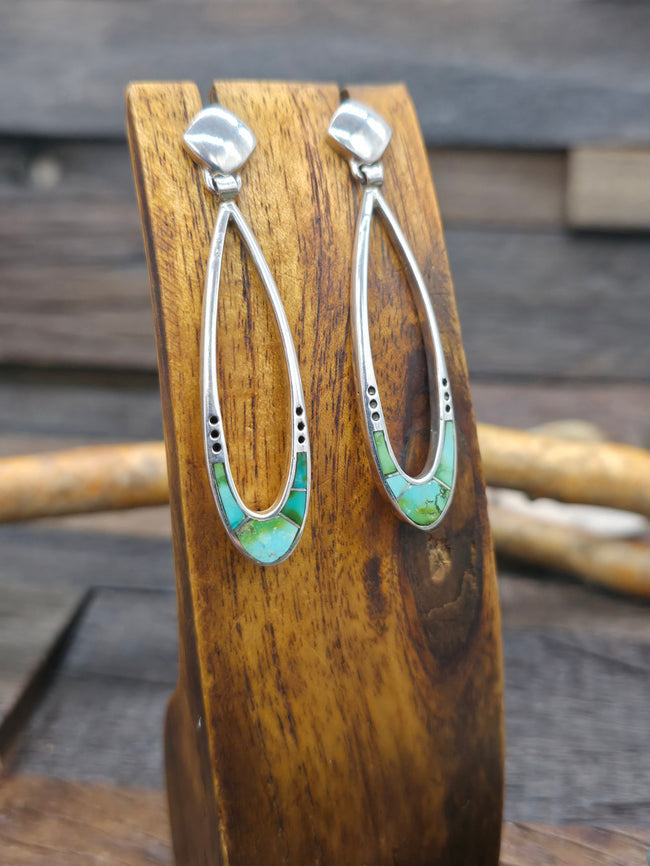 Sterling Silver Sonoran Turquoise Inlay Earrings - 2 1/2 in. by 1/2 in.