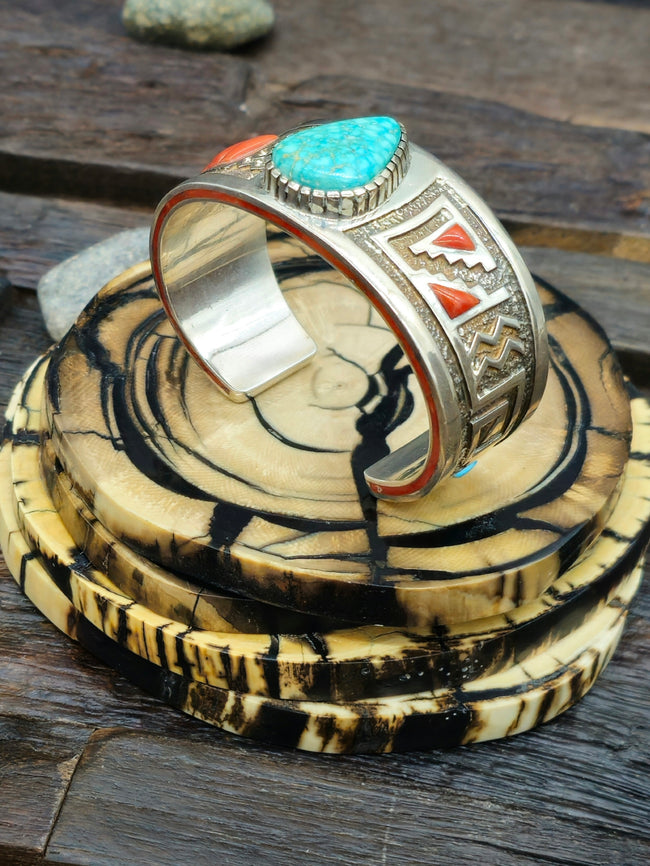 Turquoise and Coral Sterling Silver Cuff by Michael Perry - 6 1/4 in