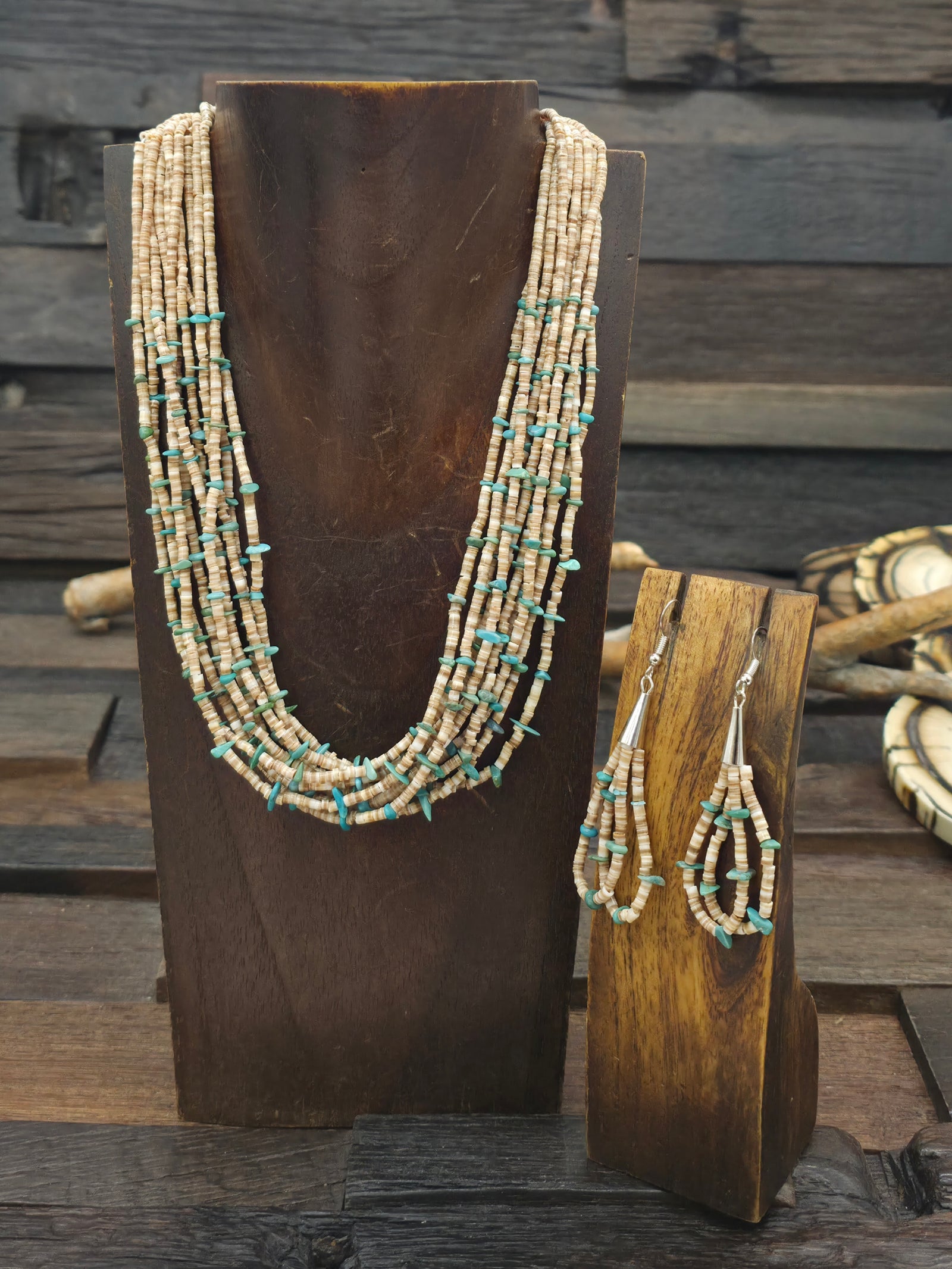 Ten Strand Heishi and Turquoise Nugget Necklace and Earring Set by Ramona Bird - 18 in.