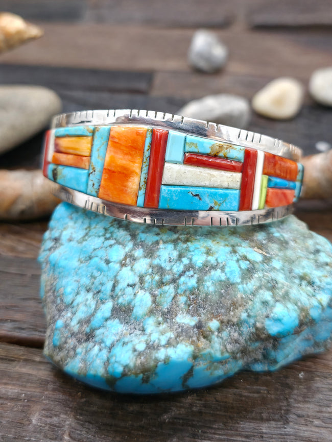 Multistone Sterling Silver Cobblestone Inlay Cuff by David Tune - 6 1/2 in. w/gap