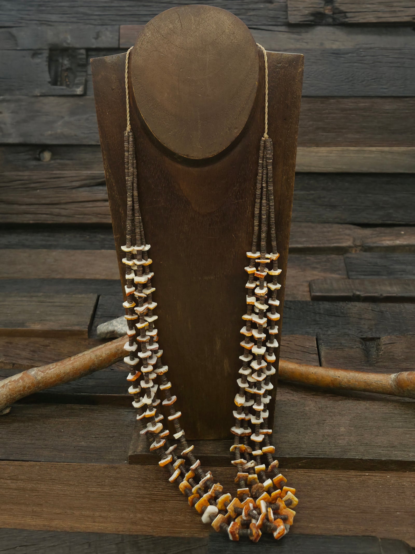 Four Strand Heishi and Orange Spiny Oyster Necklace by Robert Coriz - 30 in.