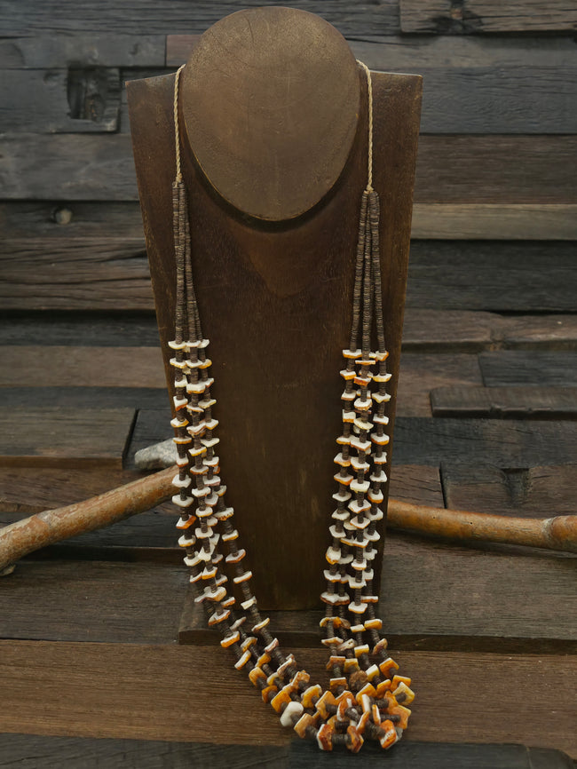 Four Strand Heishi and Orange Spiny Oyster Necklace by Robert Coriz - 30 in.